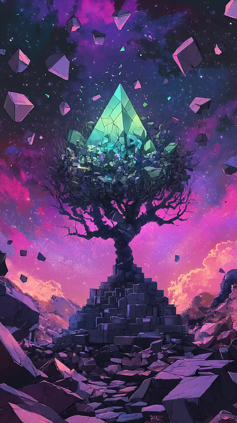 Surreal mosaic triangle world with floating ruins