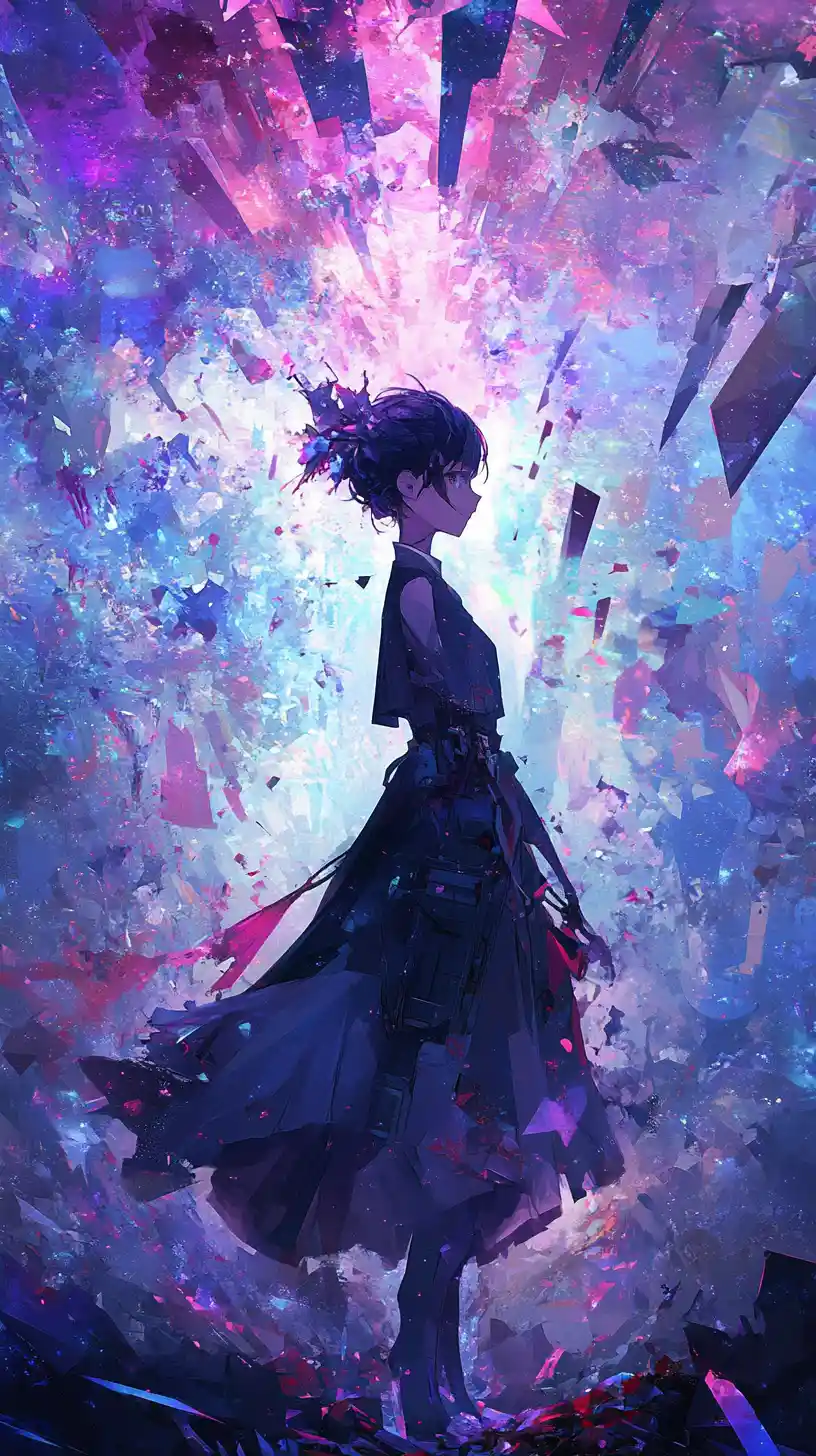 Anime girl with rifle in a surreal triangular mosaic world