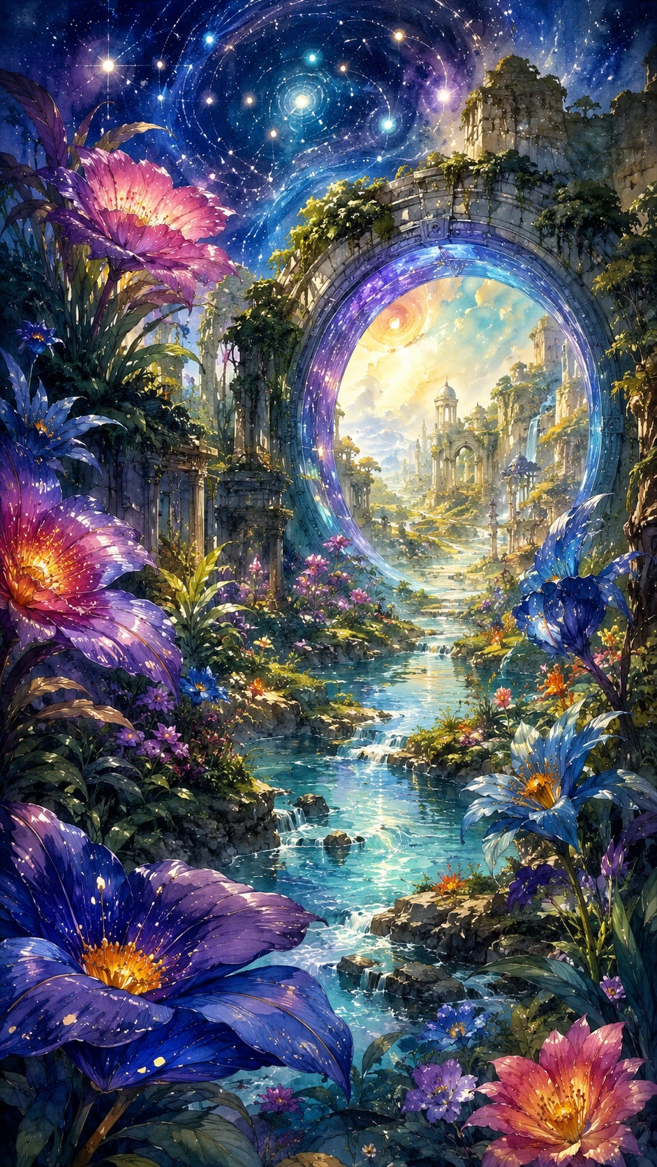 Ancient magical garden with alien plants and glowing portal