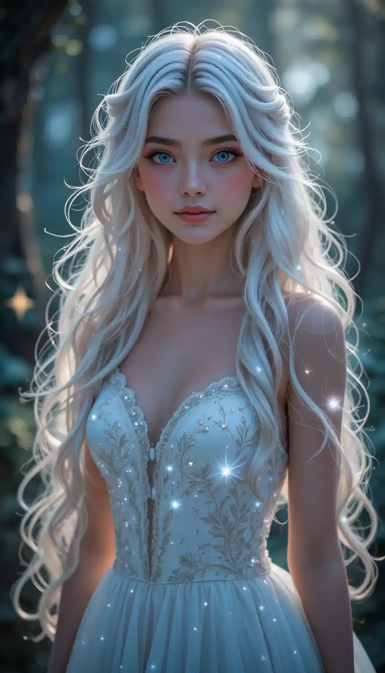 Ethereal silver haired girl in a starry ivory dress