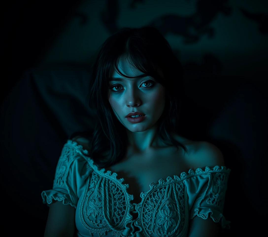 Glamorous woman in surreal low angle horror comedy scene