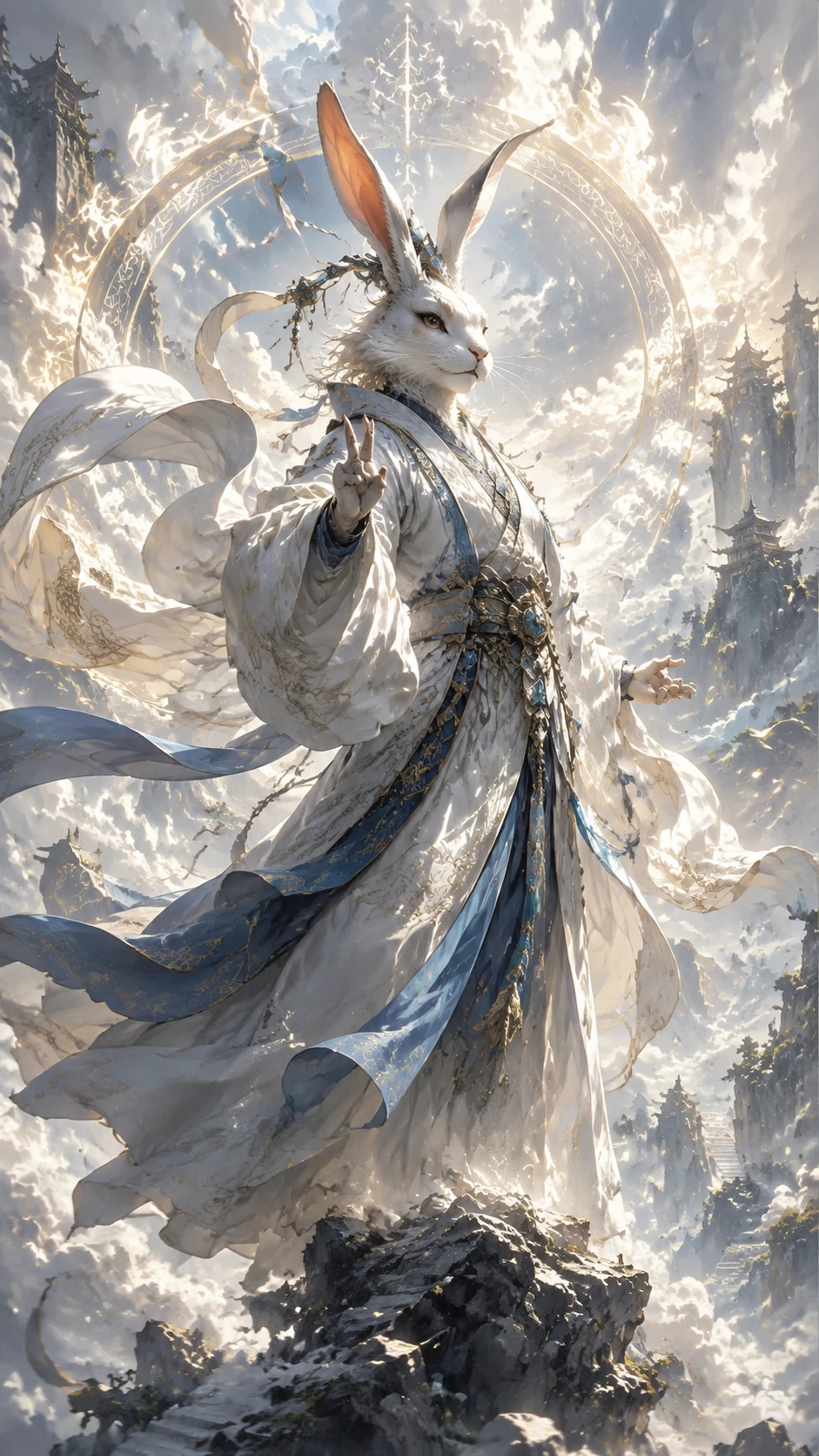 Heroic anthropomorphic rabbit in flowing traditional robes