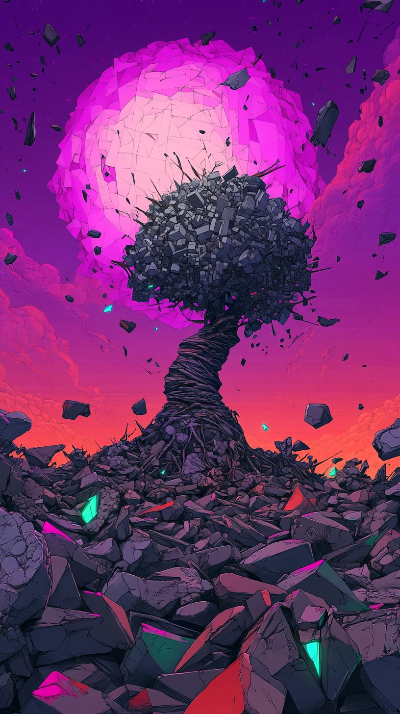 Abstract anime world of colorful triangular mosaic ruins