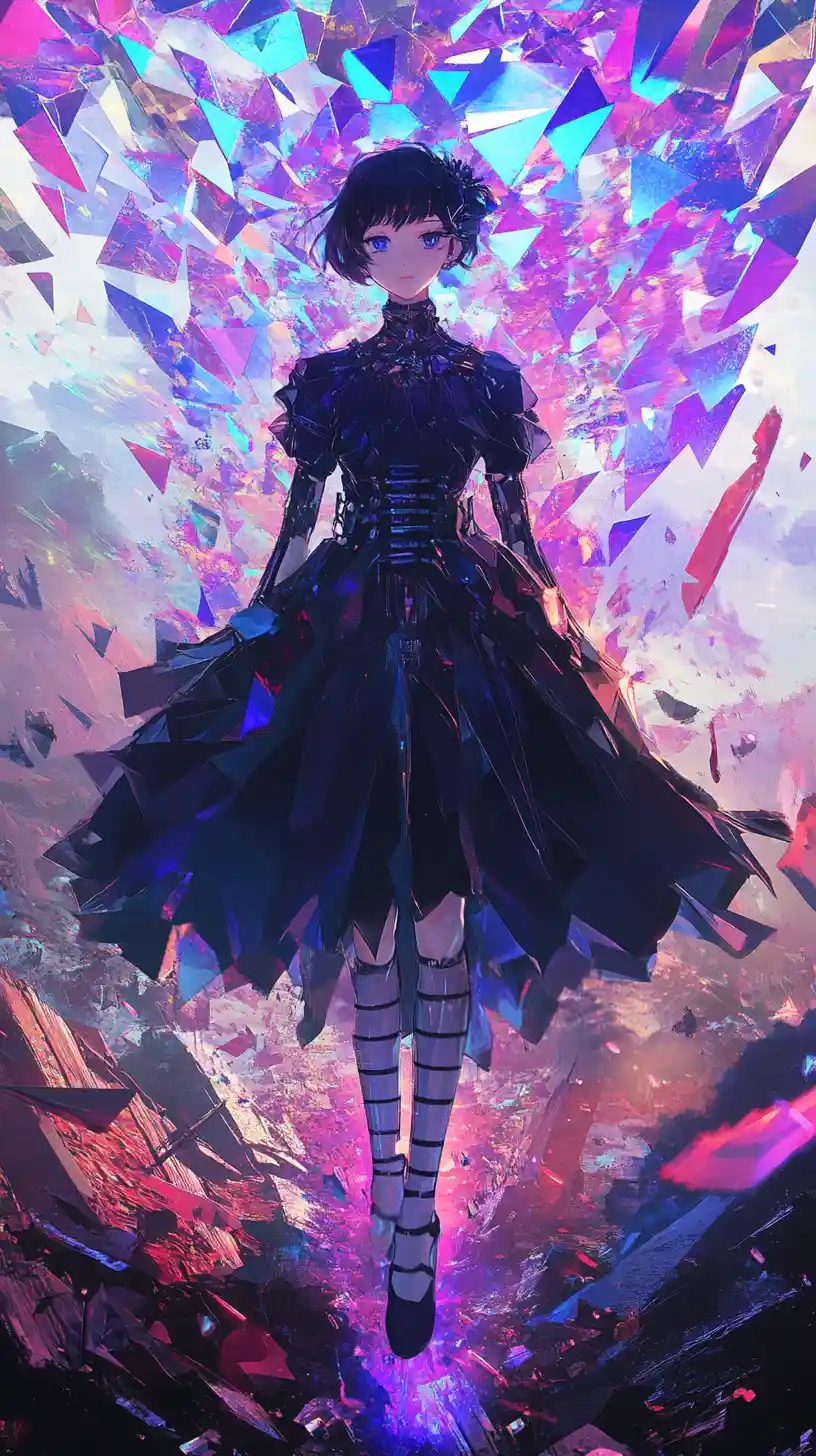 Anime girl in a fragmented fantasy world of colorful triangles