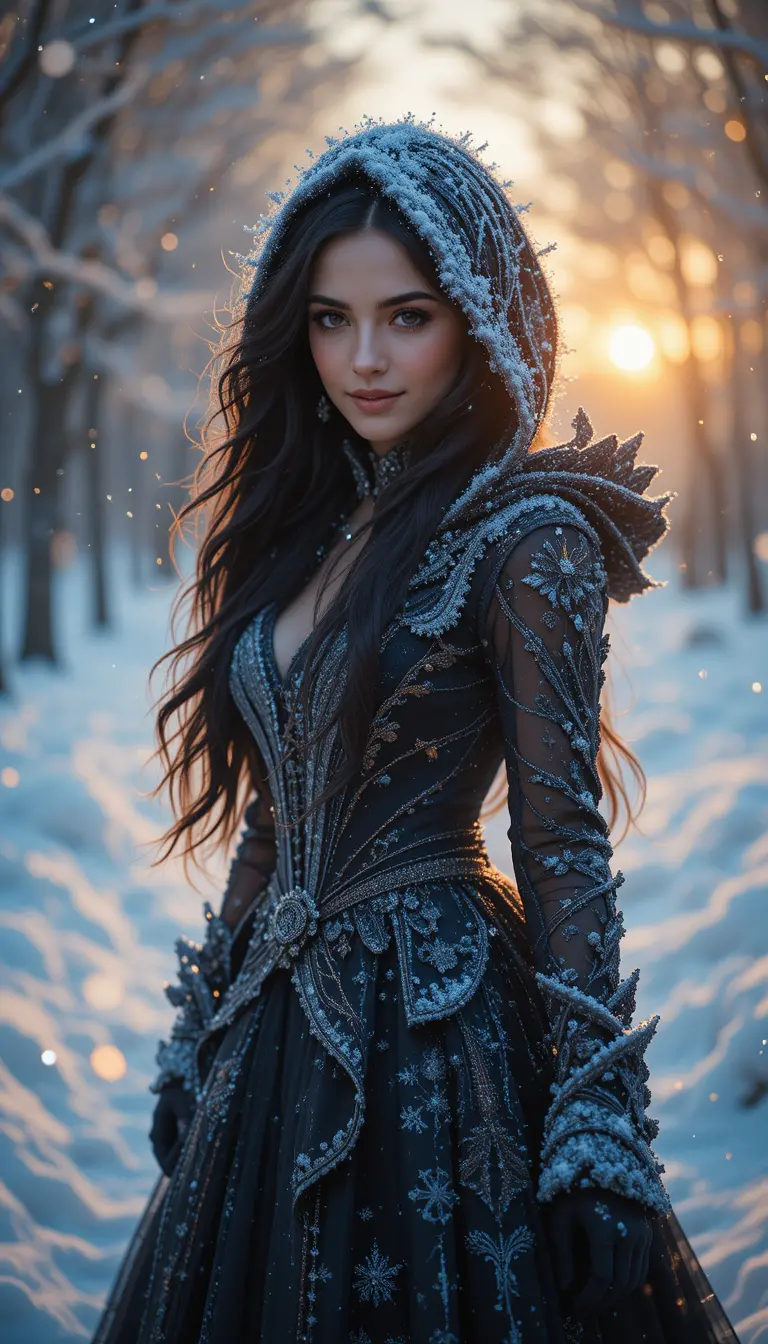 Woman in hooded winter outfit walking through snowy forest