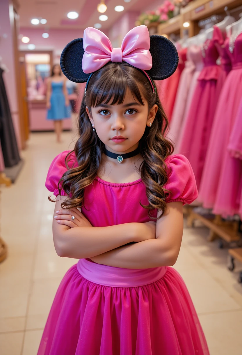 Reluctant young boy in pink Minnie Mouse dress