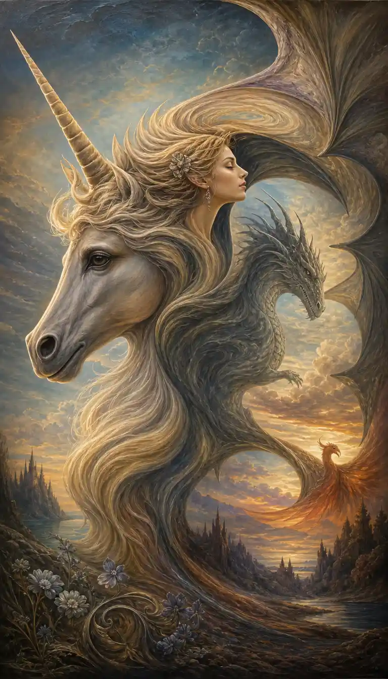 Mythical hybrid illusion forming a regal unicorn portrait