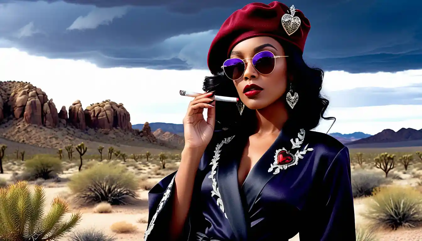 Stylish woman smoking in a gothic desert illustration