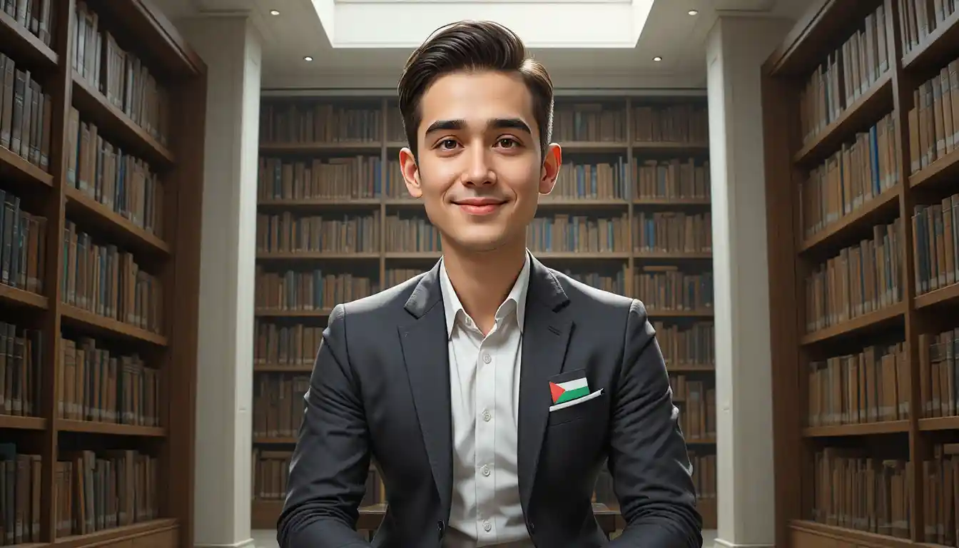 Confident young man in blazer with peace badge indoors