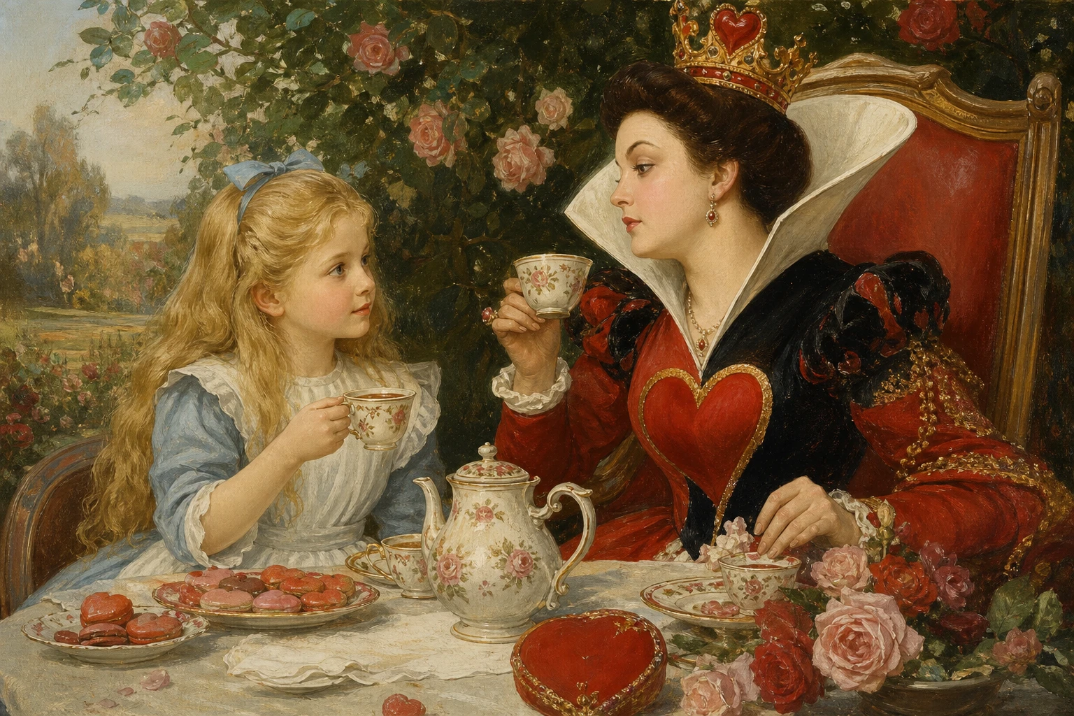 Whimsical tea party with blonde girl and the queen of hearts