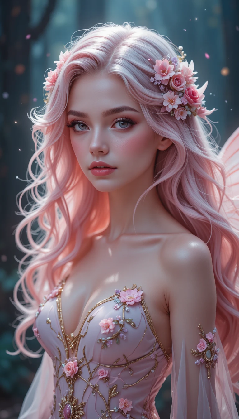 Young pink haired fairy healer girl with glowing wings