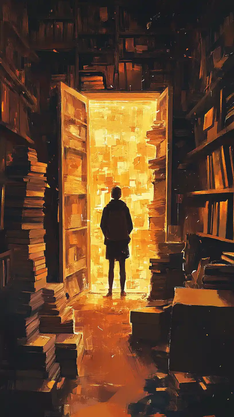 Backlit figure in a cluttered room facing glowing doorway