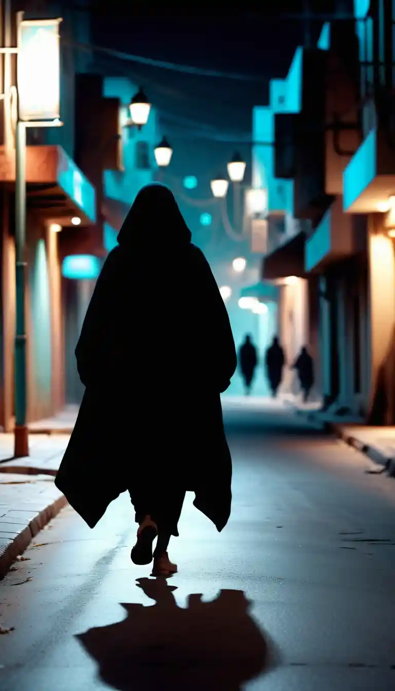 Pakistani woman walking fast down an empty night street