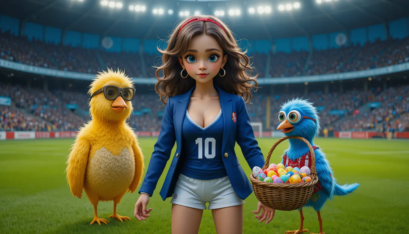 French soccer star with cartoon birds on sunny stadium field