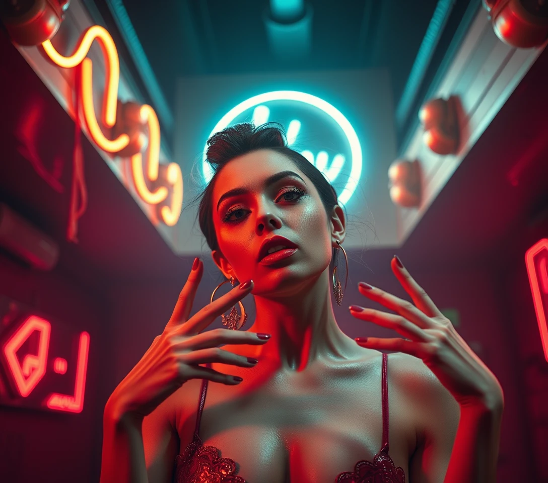 Woman under neon light in surreal comic horror scene