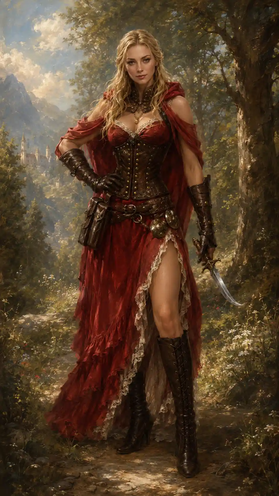 Renaissance style full length portrait of a fantasy girl