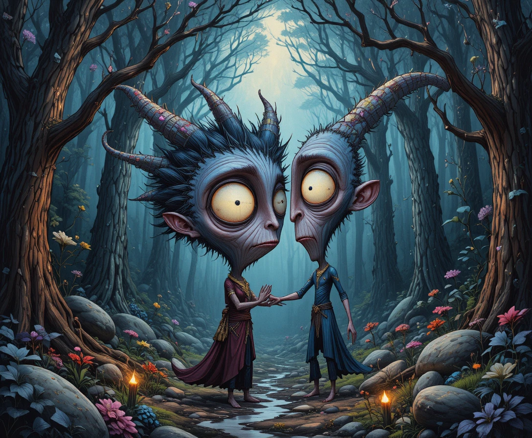 Tender fantasy creature in a jewel lit forest close up