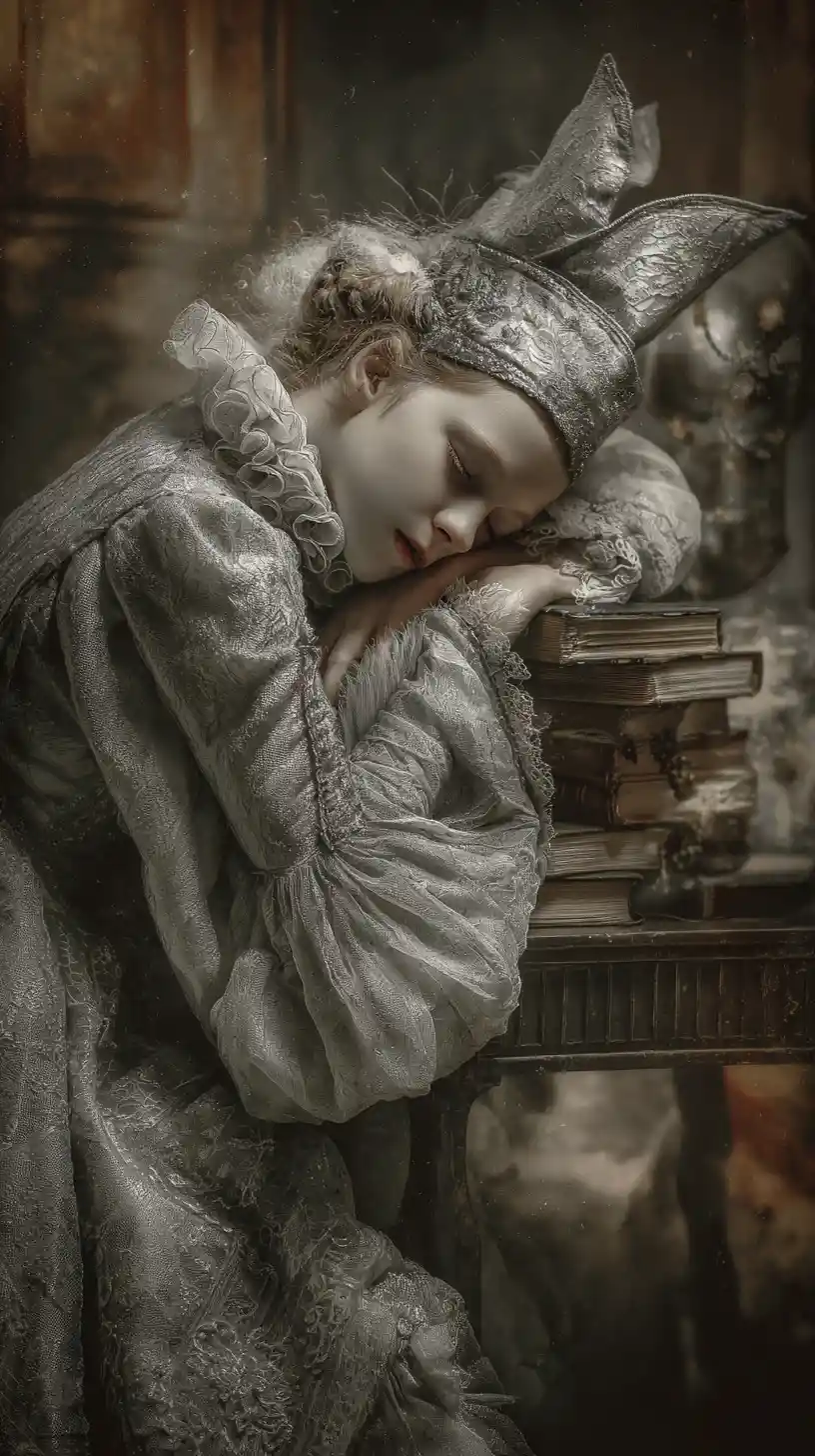 Sirena surrealista y figuras en una biblioteca sumergida y tenebrosa