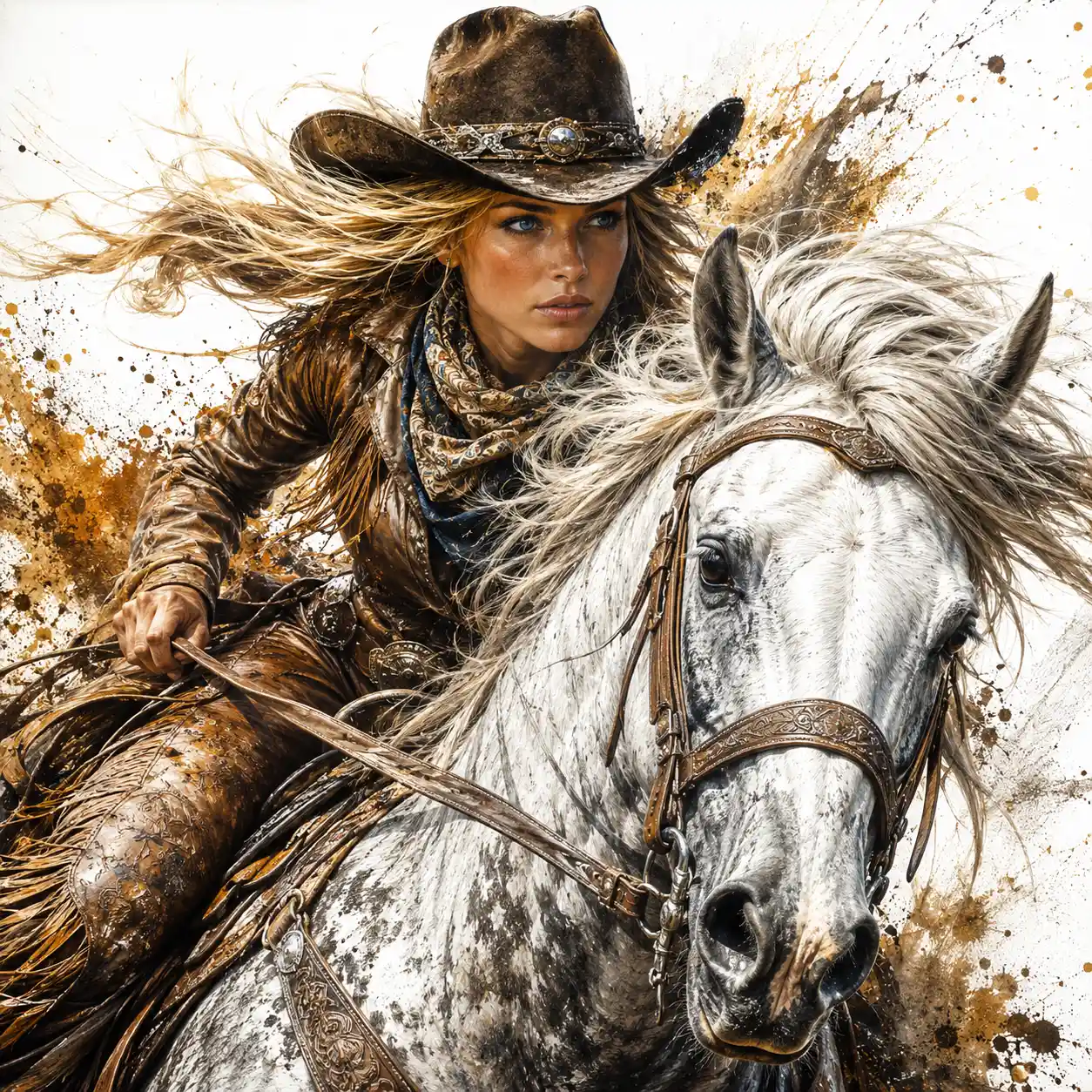 Dynamic close up of a focused cowgirl riding at full gallop