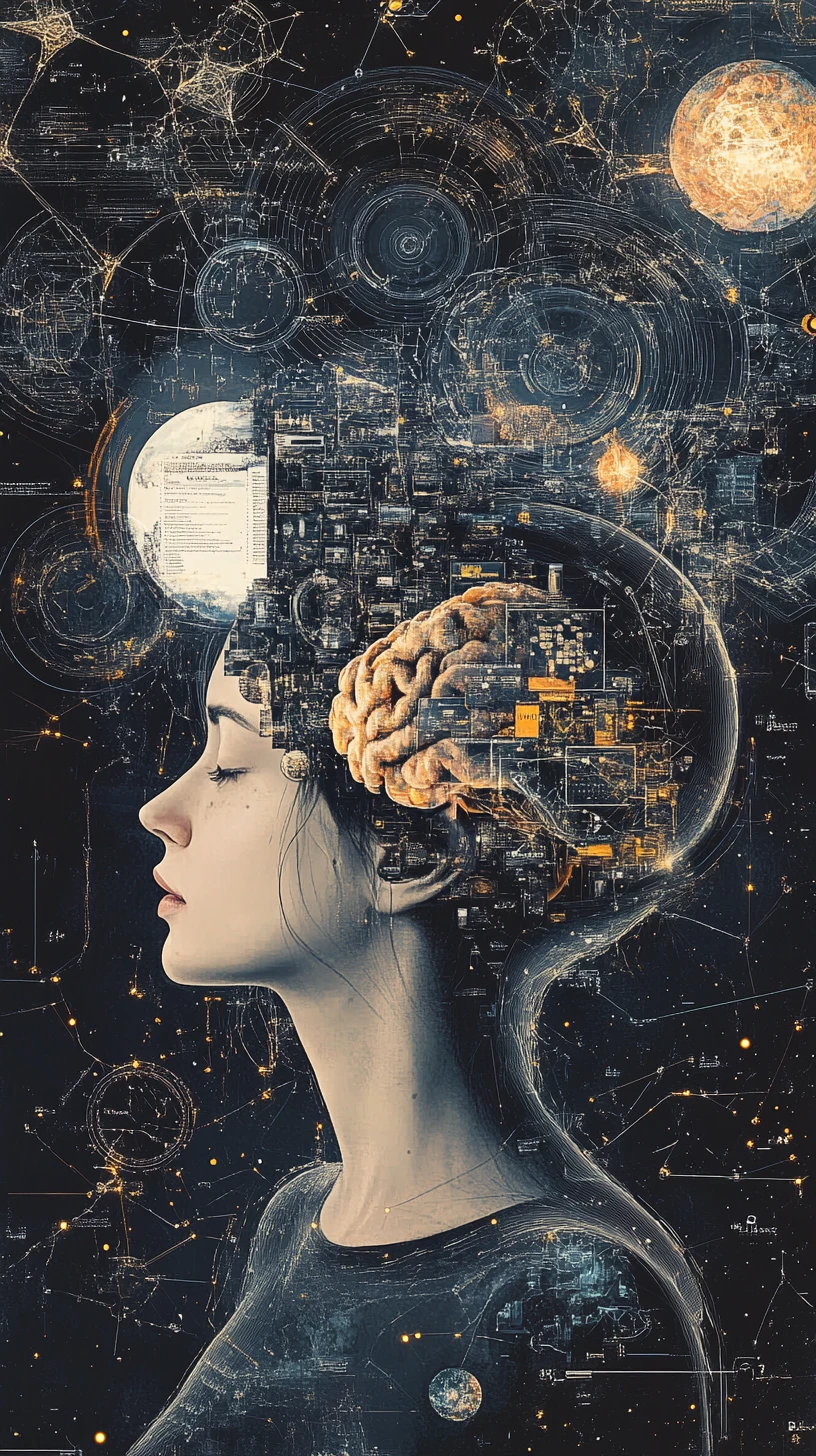 Surreal mechanical mind forming a woman in optical illusion