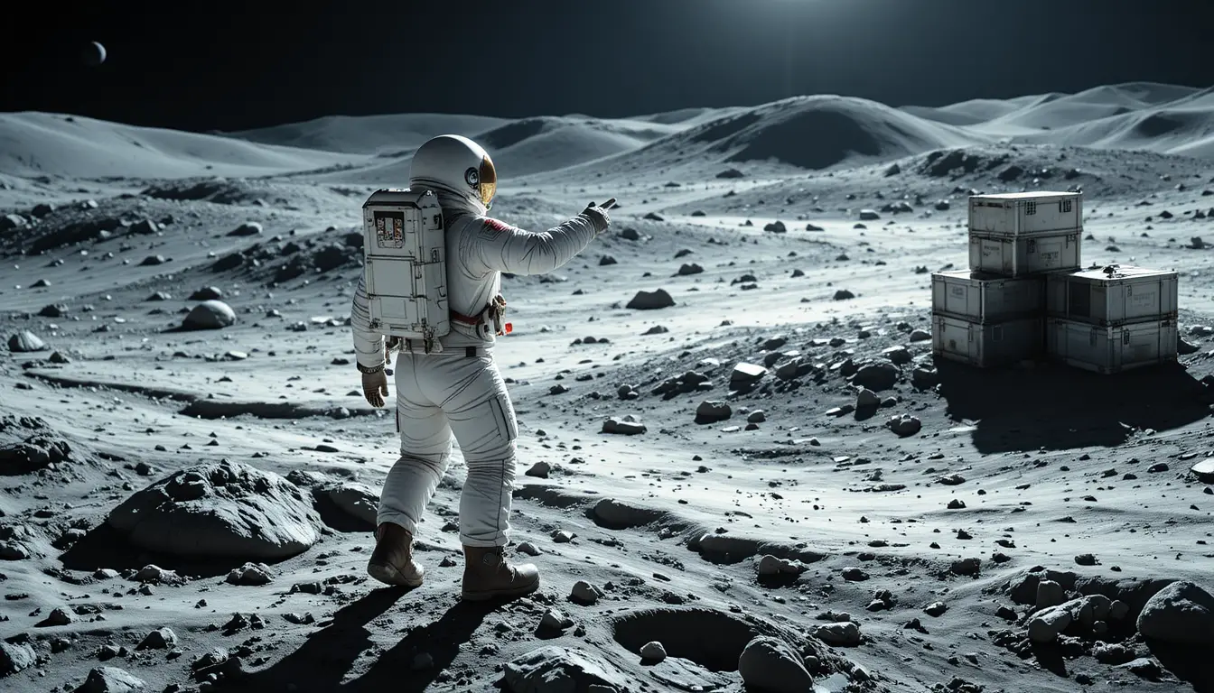 Astronauta che indica attraverso un paesaggio lunare desolato