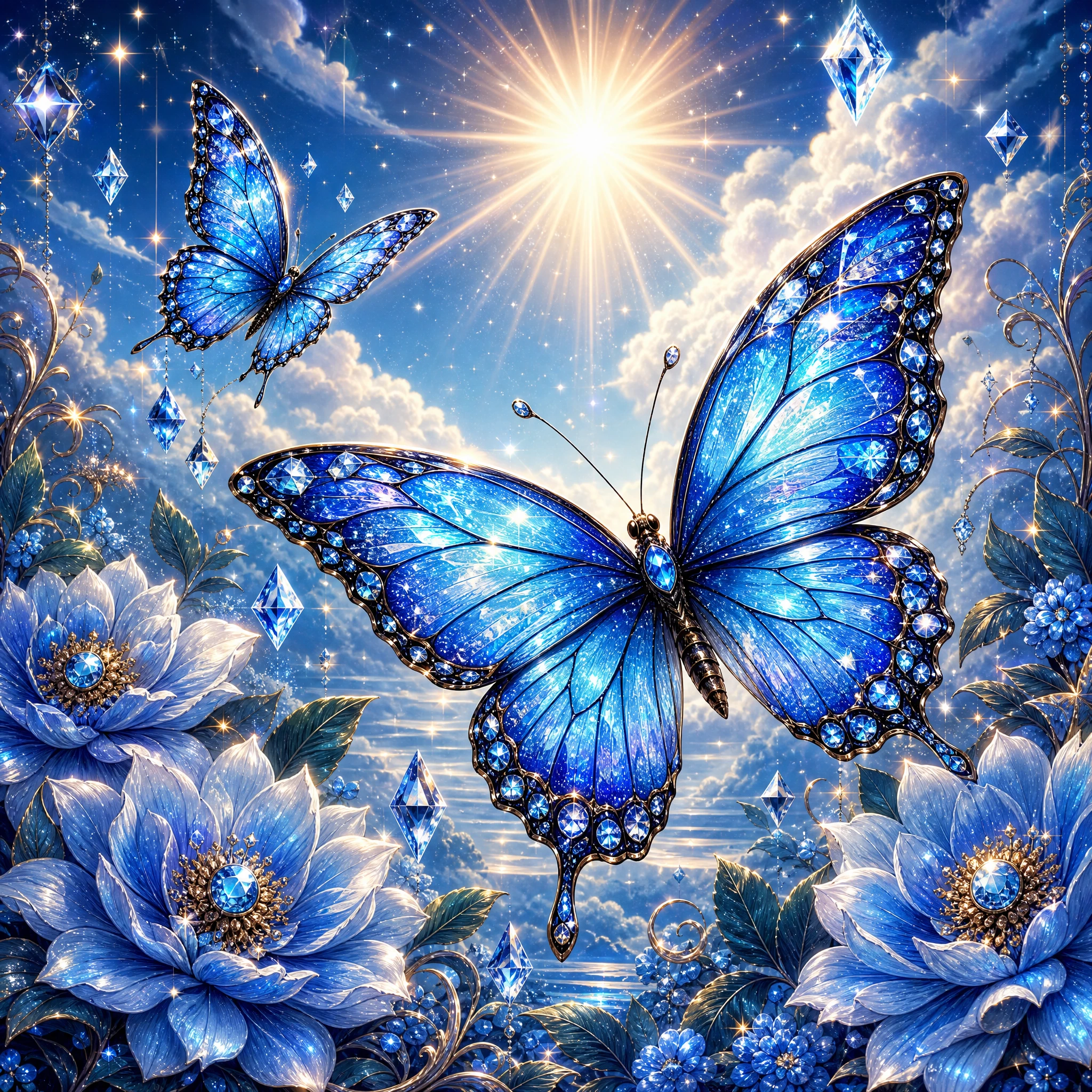 Luminous blue butterflies flying through a radiant fantasy sky
