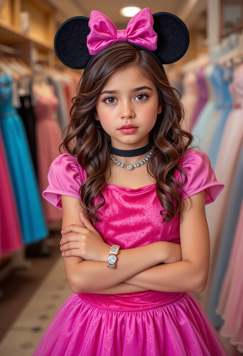 Reluctant boy in pink Minnie dress posing in shop