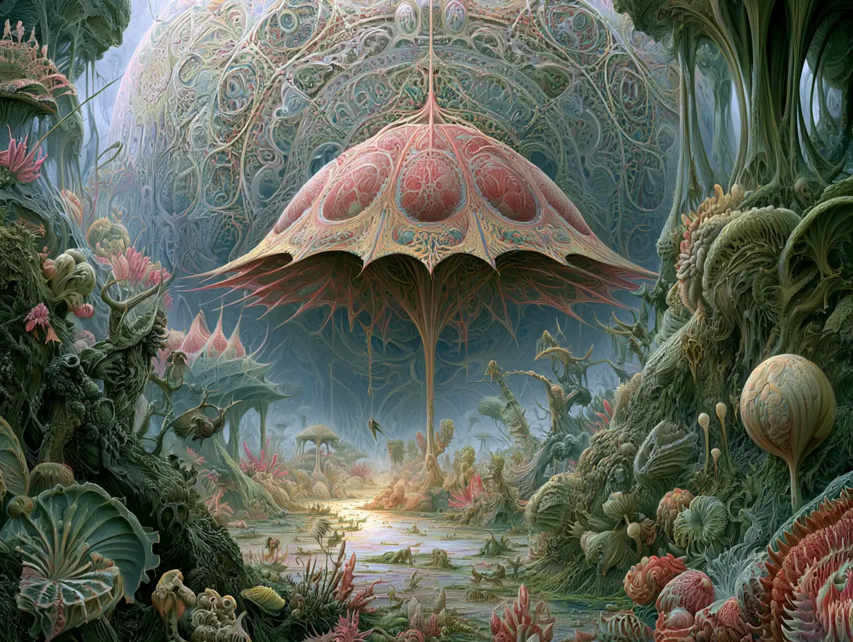 Colossal humanoid forms rising from a luminous primeval mire