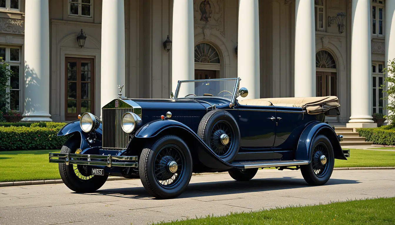 Auto da turismo d’epoca blu navy davanti a una grande villa colonnata