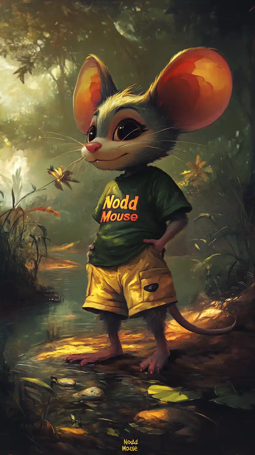 Anthropomorphic mouse walking through a colorful outdoor landscape