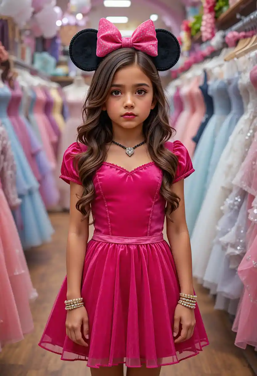 Reluctant young boy styled as a girl in pink dress
