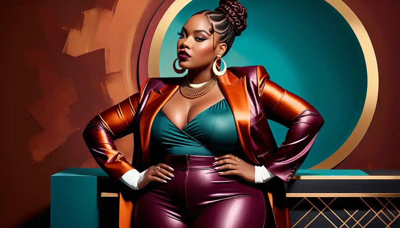 Glamorous plus size woman in retro orange power suit