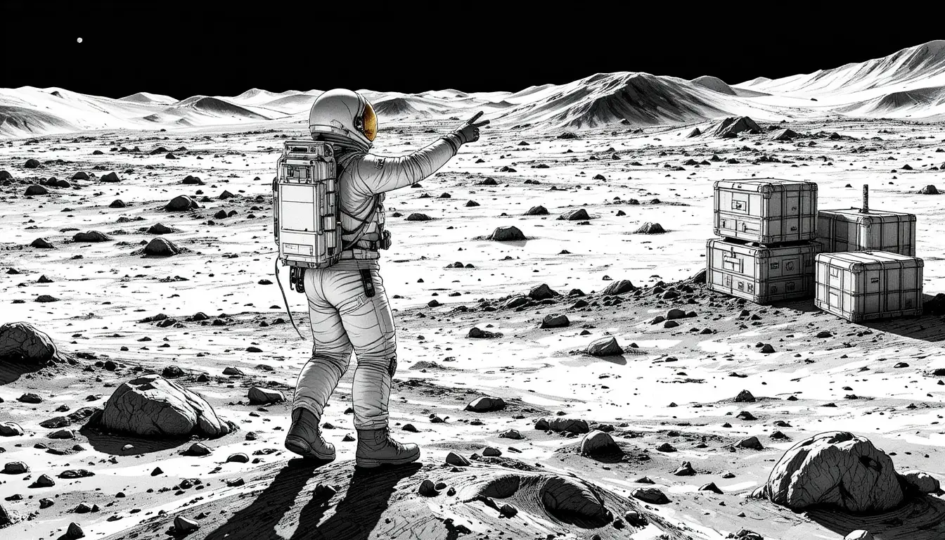 Astronauta che indica una desolata distesa lunare