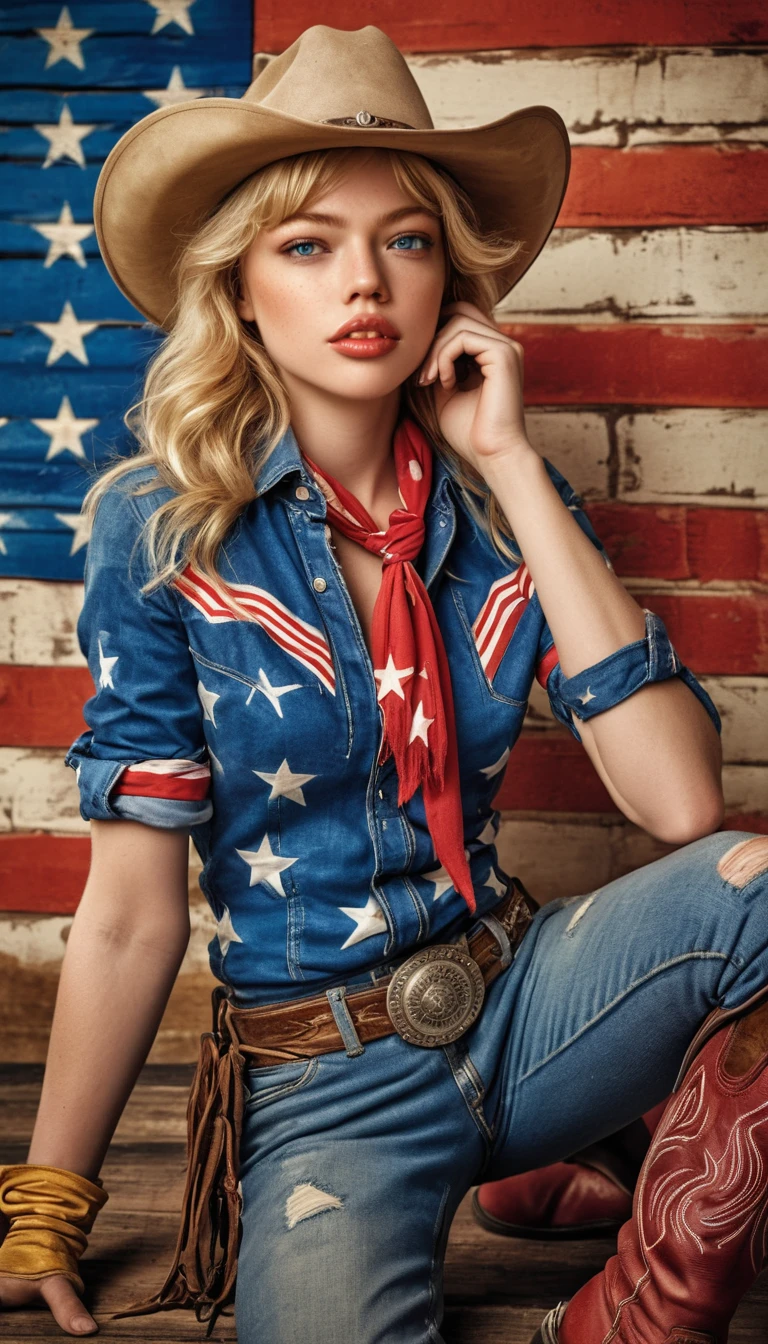 Confident blonde woman in patriotic western studio portrait