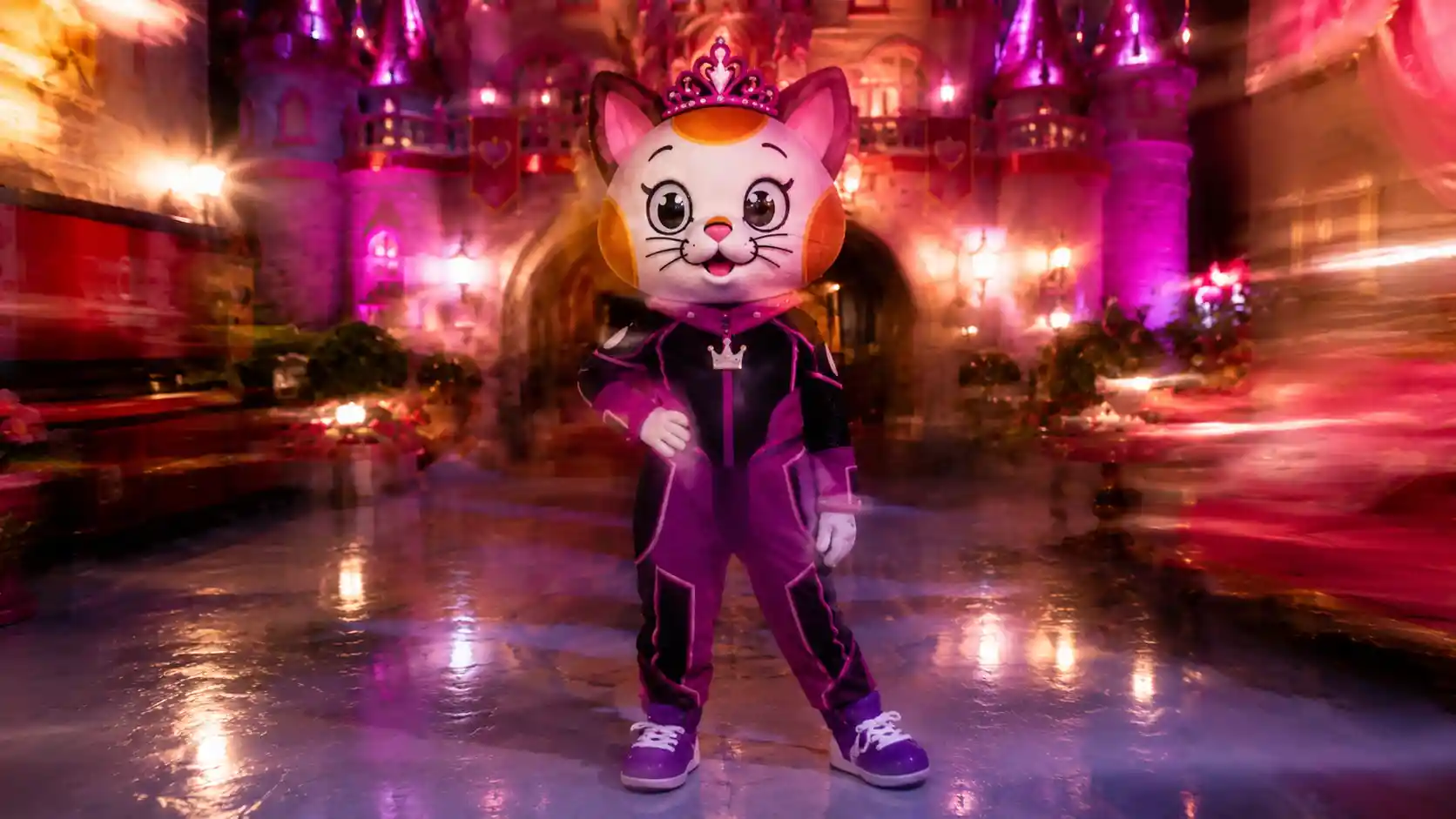 Princess mascot standing in her full suit socks and shoes