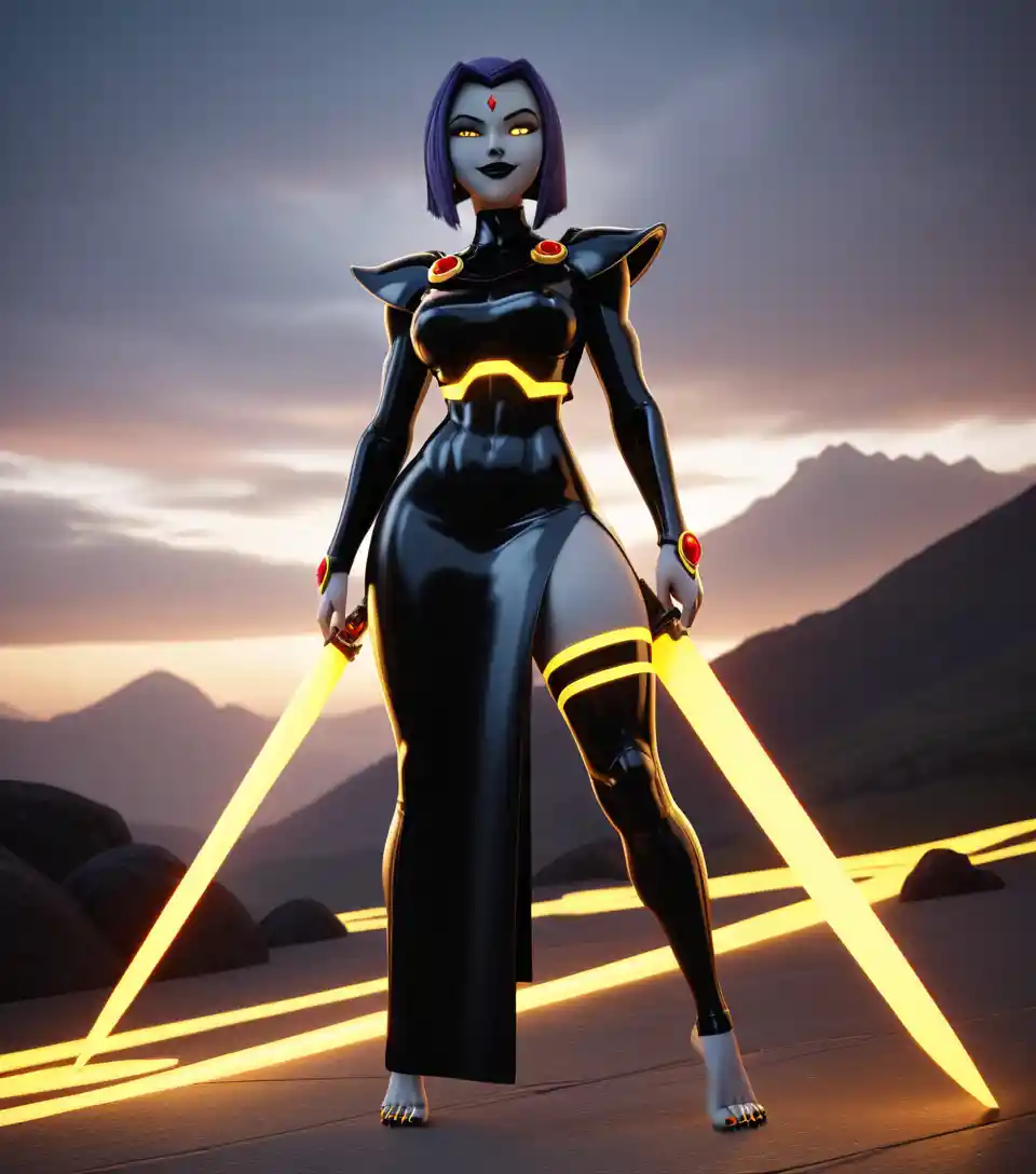 Giant cybernetic woman with neon armor on a beach