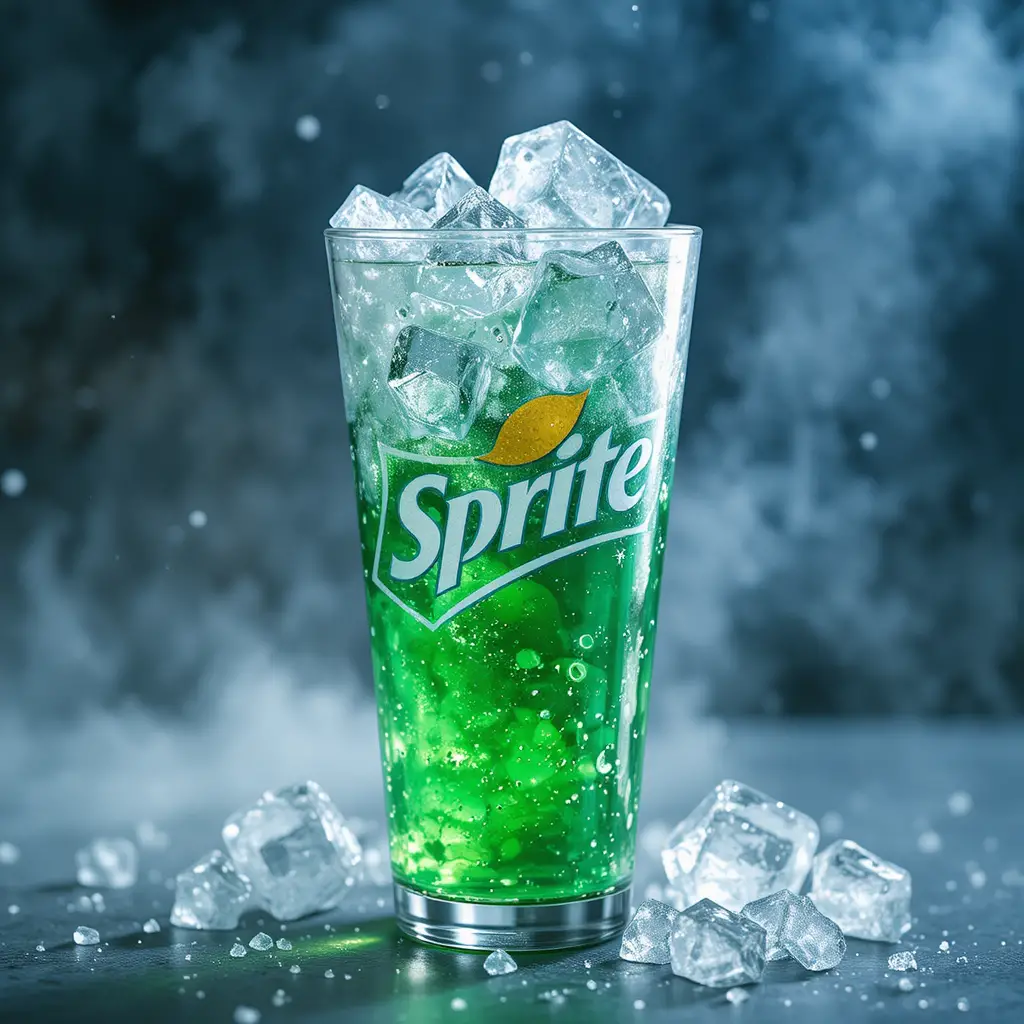 Clear soda with ice in a fancy cup floating in space