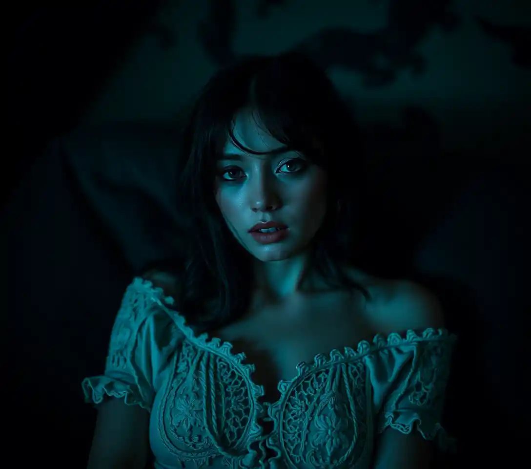 Glamorous woman in surreal low angle horror comedy scene