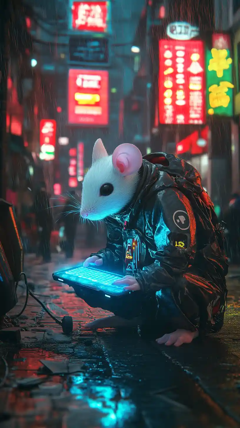 Cybernetic white mouse hacking on a neon city street