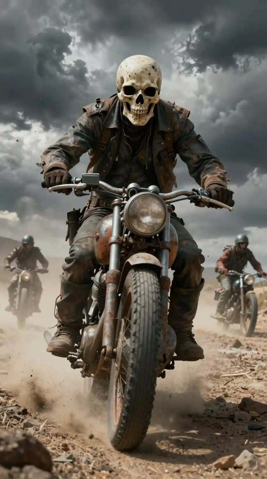 Post apocalyptic biker racing forward through dusty wasteland