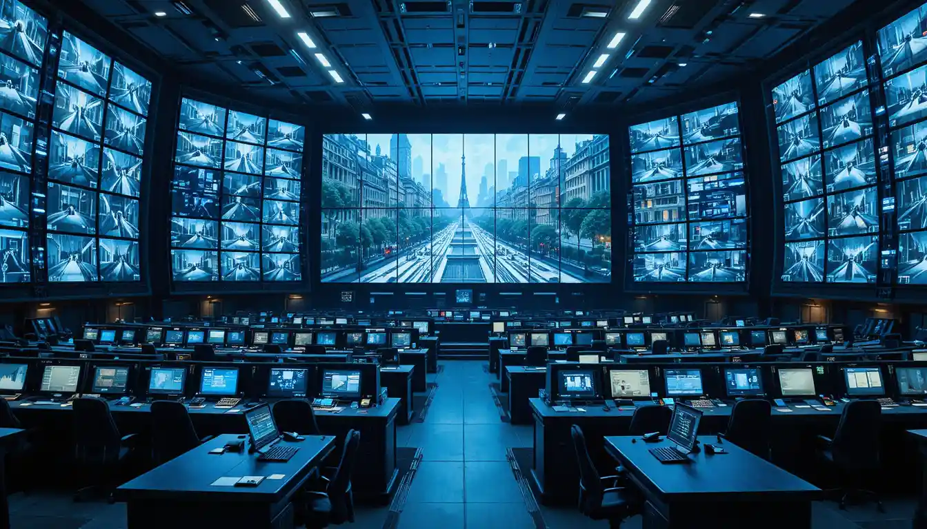 Vast futuristic control room overseeing live urban surveillance