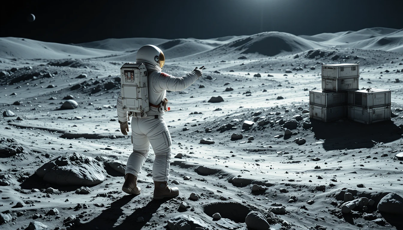 Astronaut pointing across a desolate moon landscape