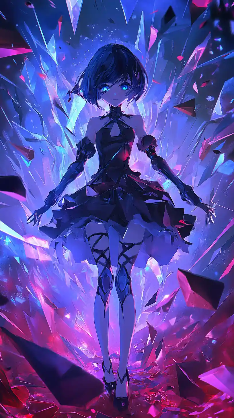 Anime girl above a fractured purple and red triangle world