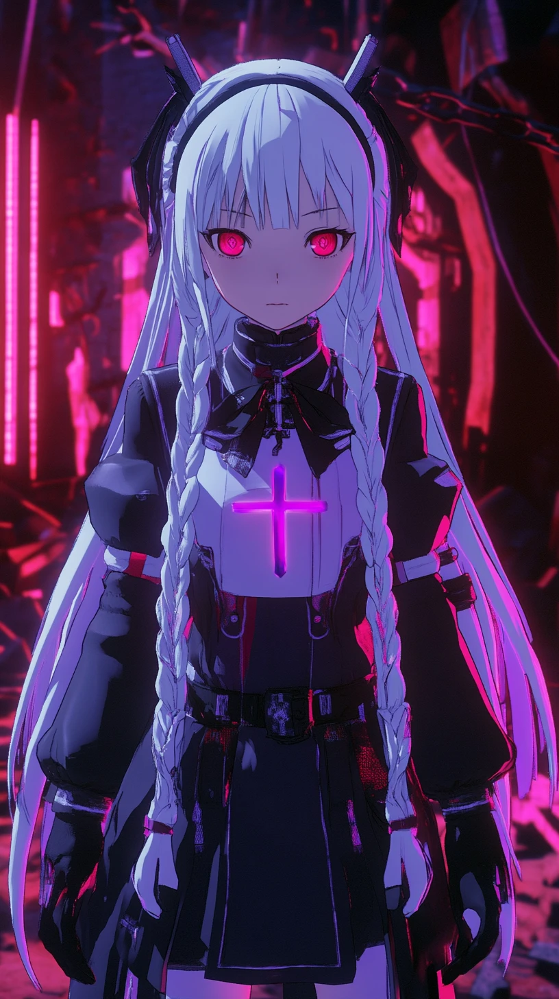 Serious angelic anime girl with spear and neon wings