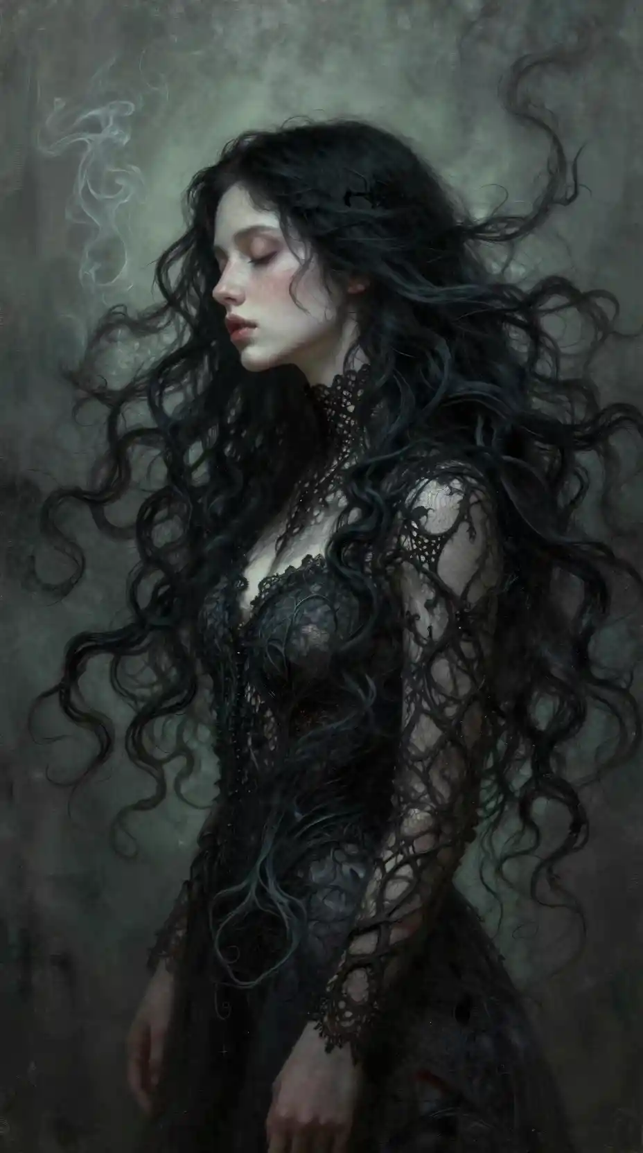 Surreal profile portrait of a pale woman with flowing hair