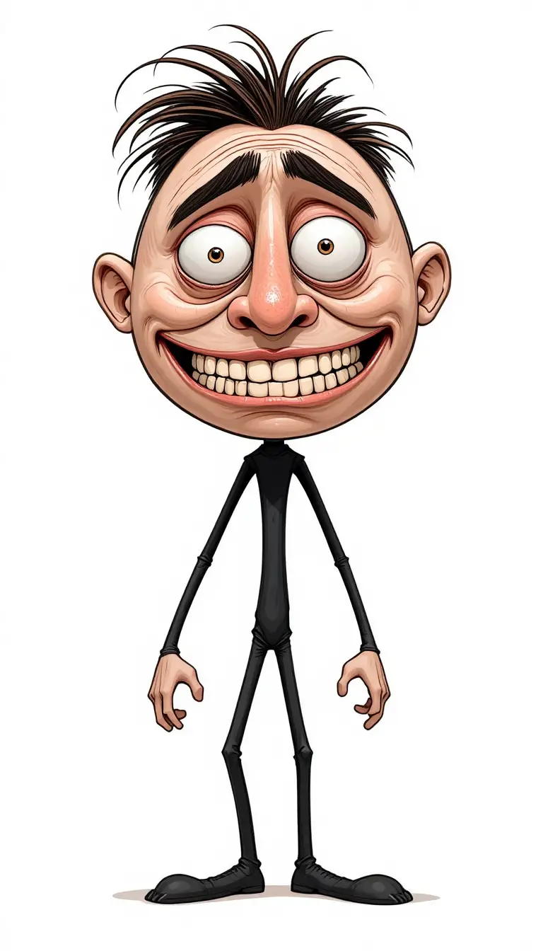 Goofy stick figure mascot with huge asymmetrical cartoon head