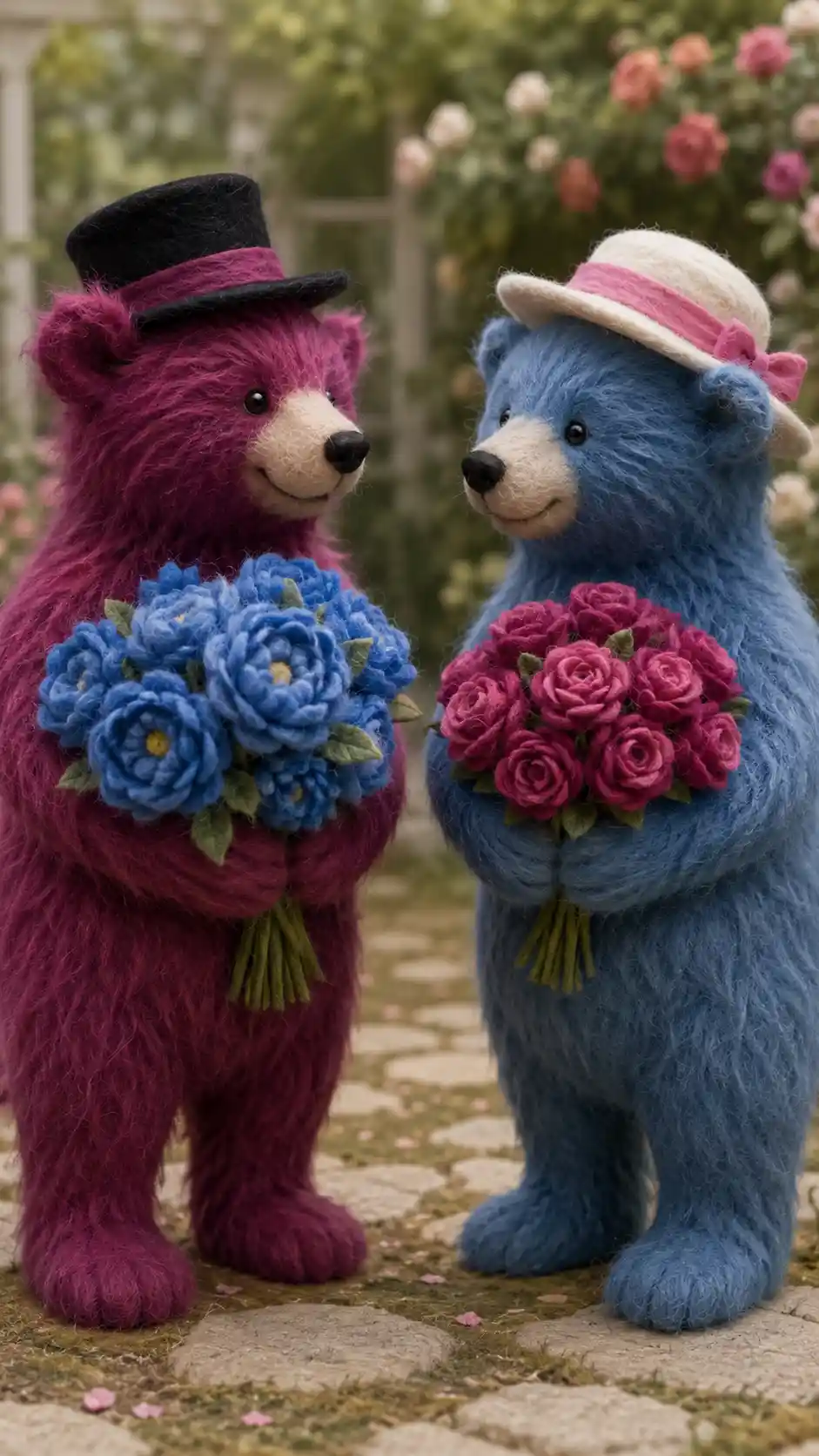 Magenta felt bear with blue peonies and black top hat