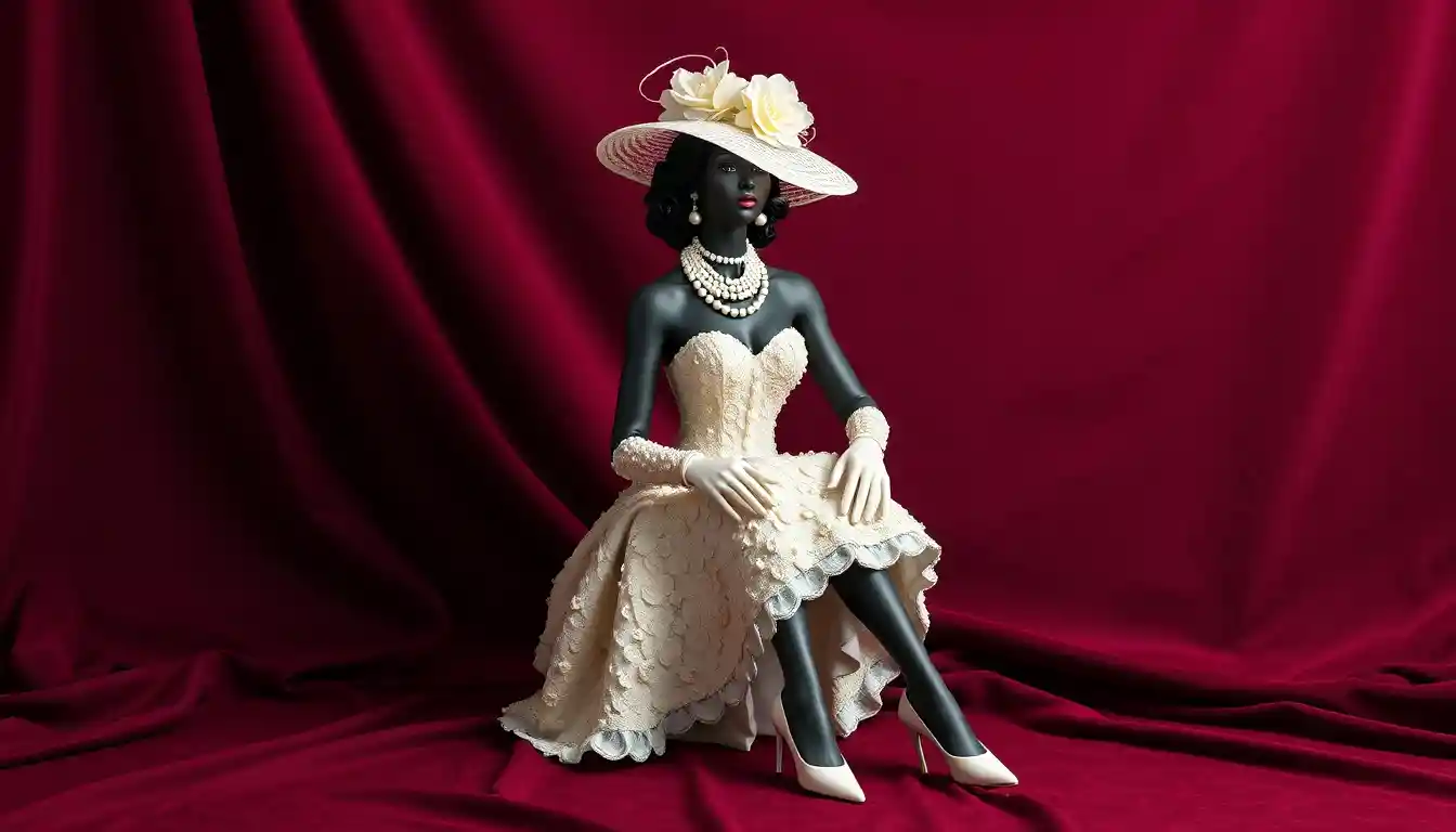 Elegant woman in pearl fashion against velvet burgundy backdrop