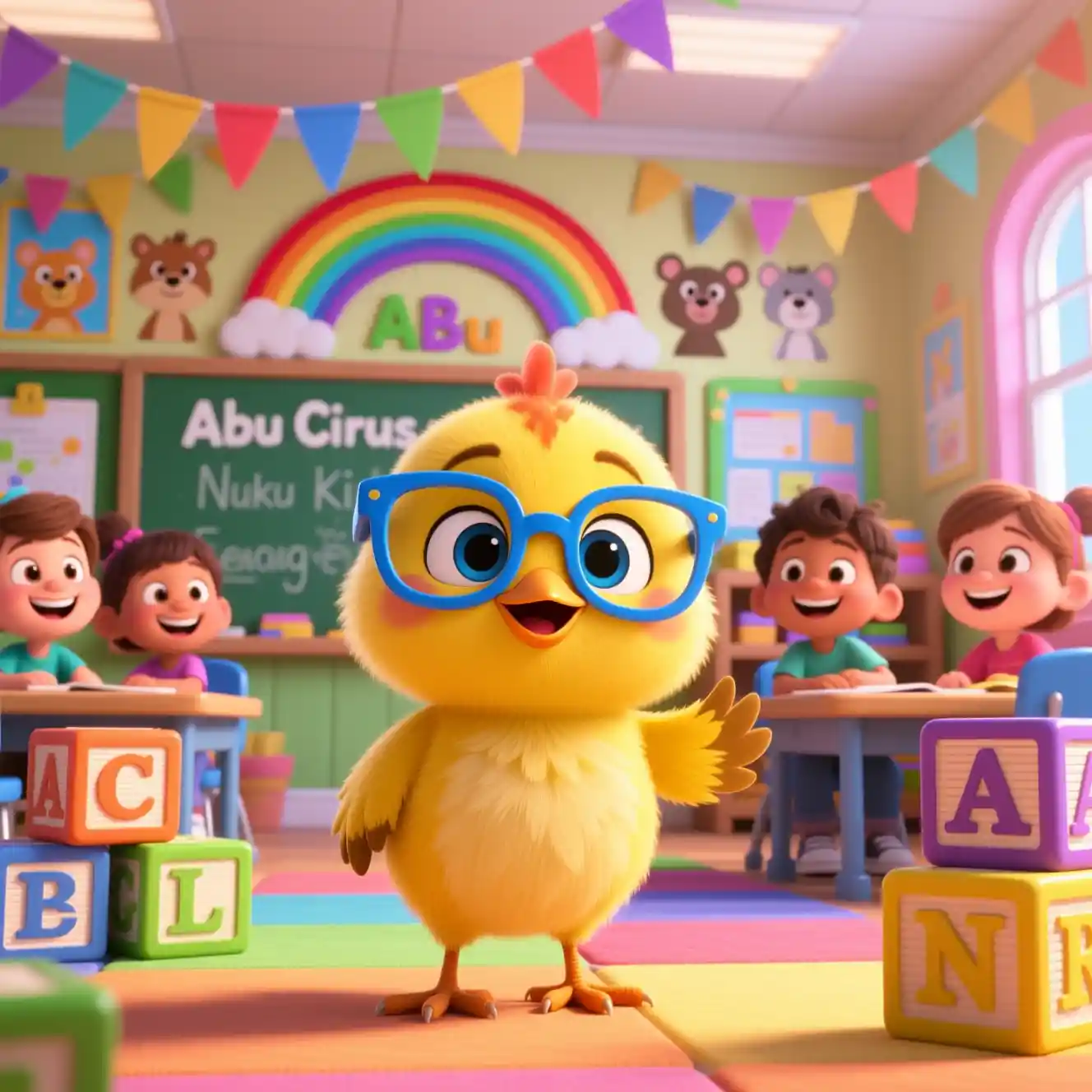 Cute 3D chick teacher in colorful rainbow classroom