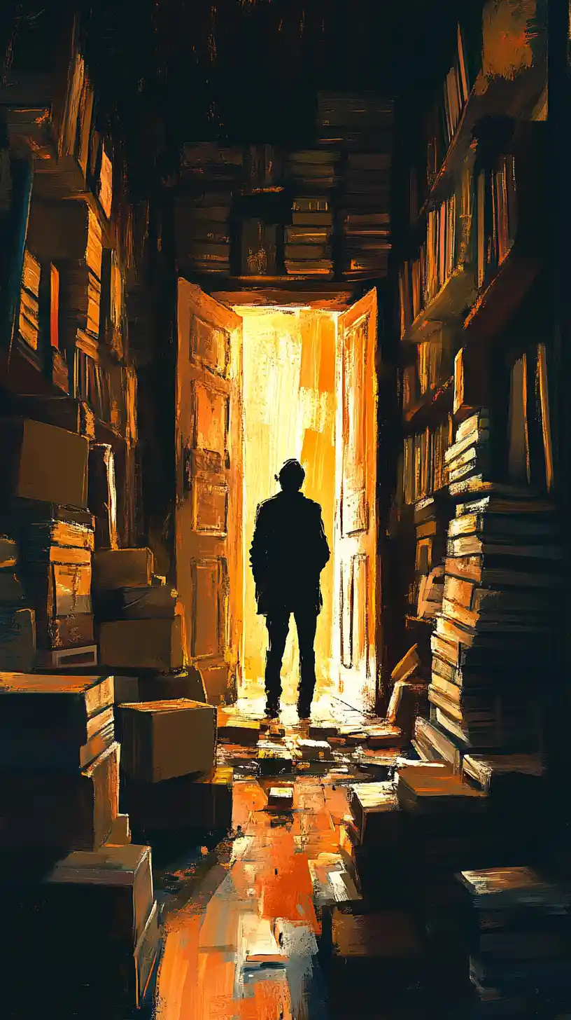 Backlit figure in a cluttered room with glowing doorway